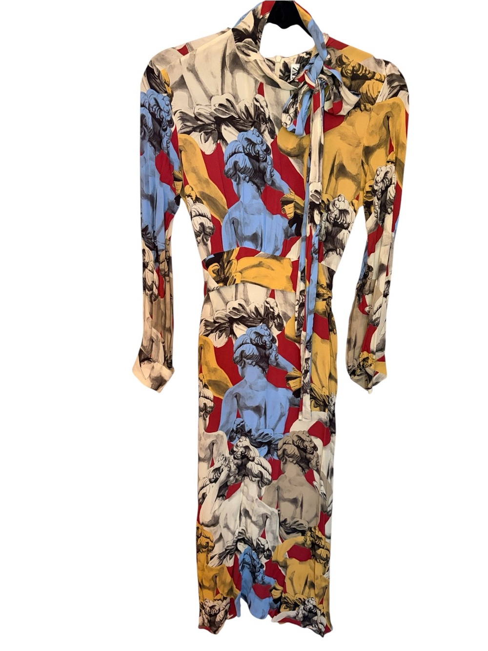 Zara Long Sleeve Tie-Neck Midi Dress in Blue, Red, Yellow, Cream